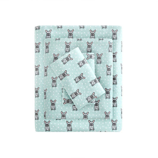 Sleep Philosophy Flannel 100% Cotton Flannel Sheet Set - Aqua French Bulldogs - Quahog Bay Bedding