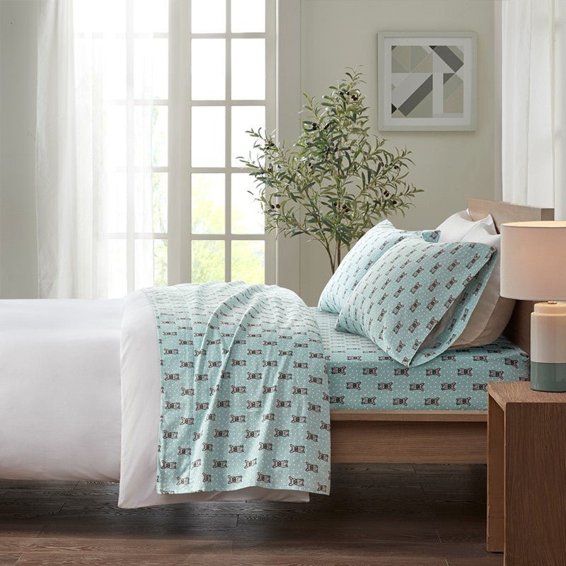 Sleep Philosophy Flannel 100% Cotton Flannel Sheet Set - Aqua French Bulldogs - Quahog Bay Bedding