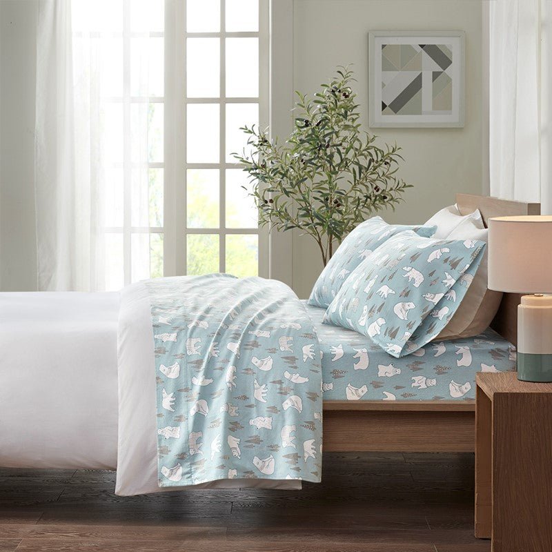 Sleep Philosophy Flannel 100% Cotton Flannel Sheet Set - Blue Polar Bears - Quahog Bay Bedding
