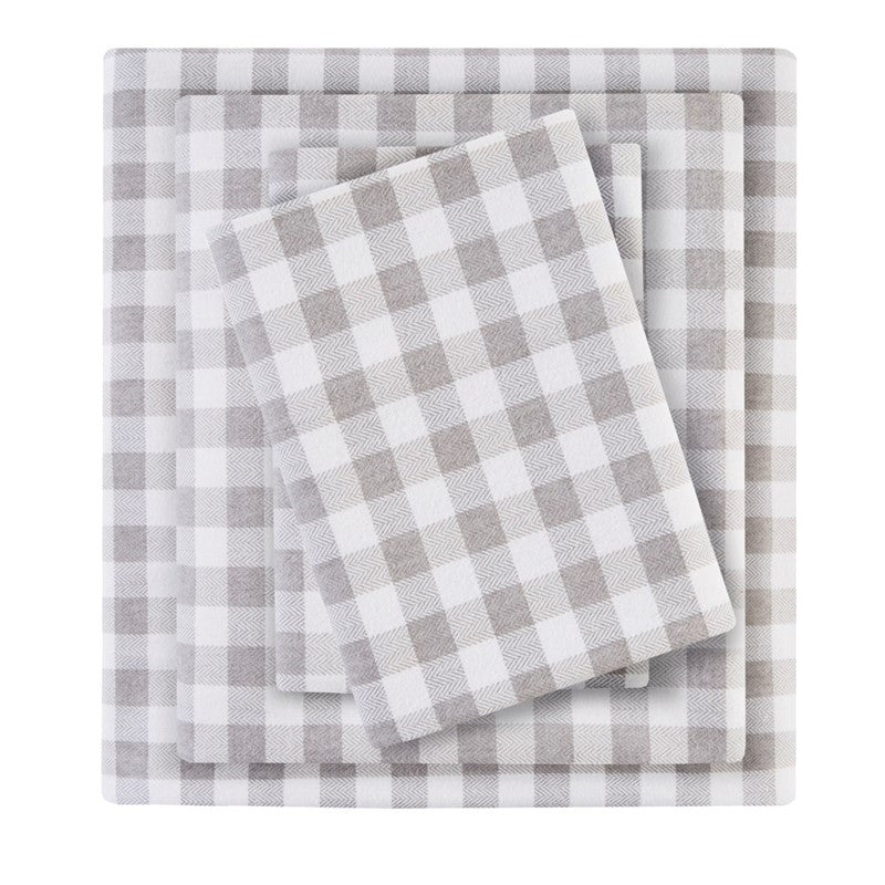 Sleep Philosophy Flannel 100% Cotton Flannel Sheet Set - Grey Herringbone Check - Quahog Bay Bedding