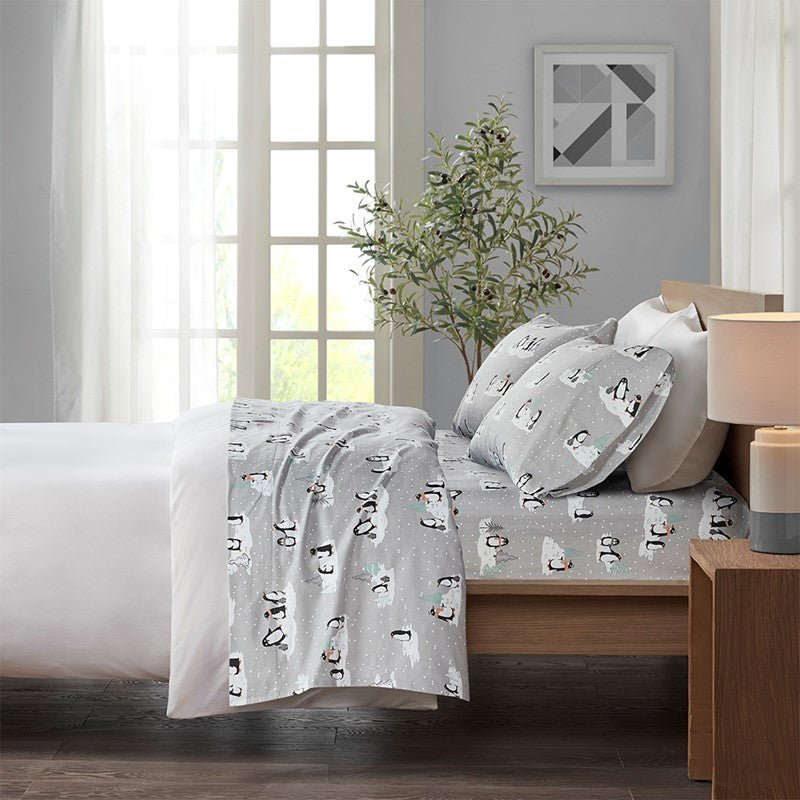 Sleep Philosophy Flannel 100% Cotton Flannel Sheet Set - Grey Penguins - Quahog Bay Bedding