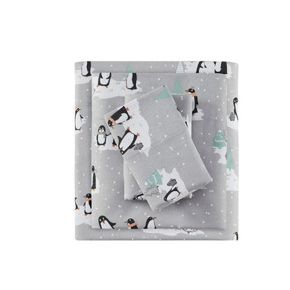 Sleep Philosophy Flannel 100% Cotton Flannel Sheet Set - Grey Penguins - Quahog Bay Bedding