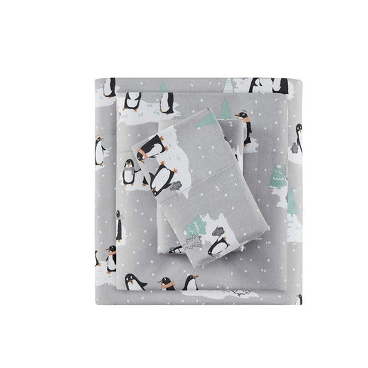 Sleep Philosophy Flannel 100% Cotton Flannel Sheet Set - Grey Penguins - Quahog Bay Bedding