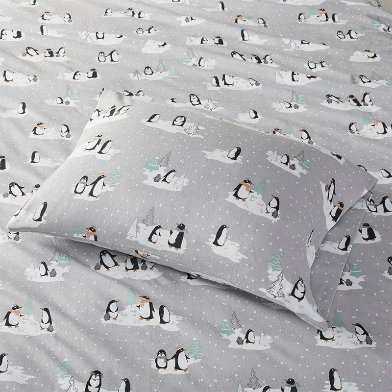 Sleep Philosophy Flannel 100% Cotton Flannel Sheet Set - Grey Penguins - Quahog Bay Bedding