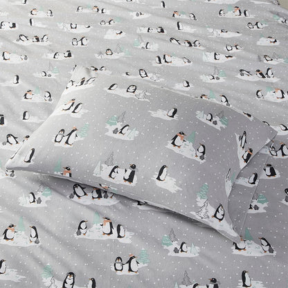 Sleep Philosophy Flannel 100% Cotton Flannel Sheet Set - Grey Penguins - Quahog Bay Bedding