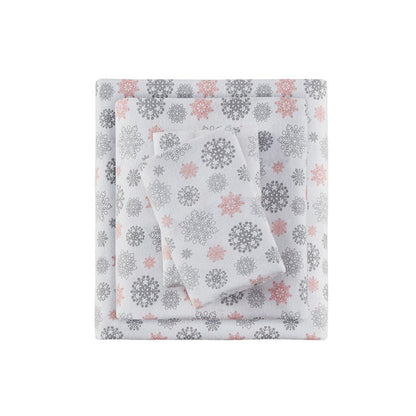Sleep Philosophy Flannel 100% Cotton Flannel Sheet Set - Pink And Grey Snowflakes - Quahog Bay Bedding