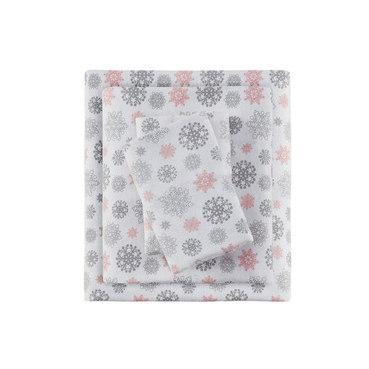 Sleep Philosophy Flannel 100% Cotton Flannel Sheet Set - Pink And Grey Snowflakes - Quahog Bay Bedding