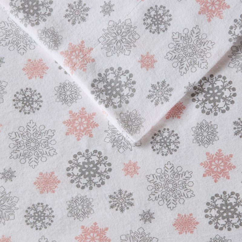 Sleep Philosophy Flannel 100% Cotton Flannel Sheet Set - Pink And Grey Snowflakes - Quahog Bay Bedding