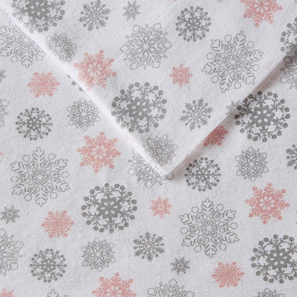 Sleep Philosophy Flannel 100% Cotton Flannel Sheet Set - Pink And Grey Snowflakes - Quahog Bay Bedding