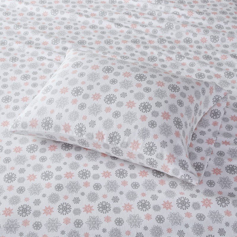 Sleep Philosophy Flannel 100% Cotton Flannel Sheet Set - Pink And Grey Snowflakes - Quahog Bay Bedding