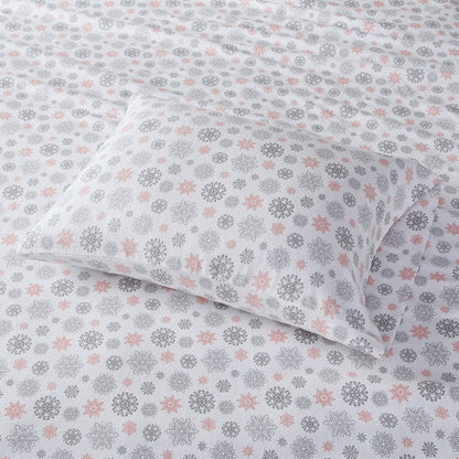 Sleep Philosophy Flannel 100% Cotton Flannel Sheet Set - Pink And Grey Snowflakes - Quahog Bay Bedding