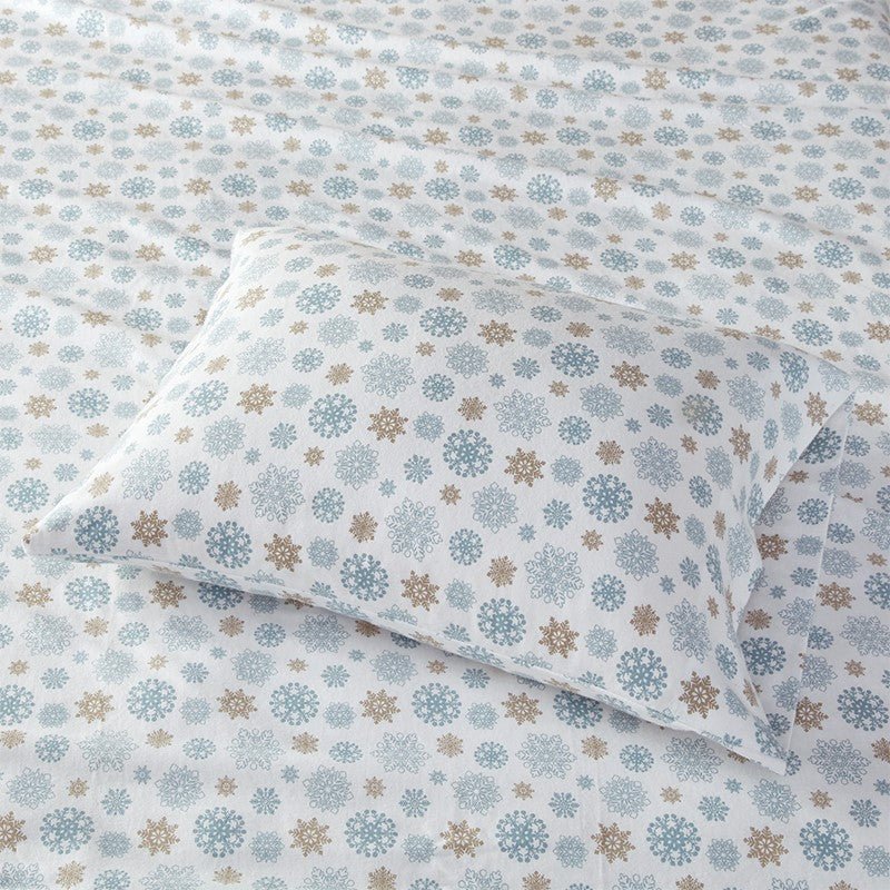 Sleep Philosophy Flannel 100% Cotton Flannel Sheet Set - Tan / Blue Snowflakes - Quahog Bay Bedding