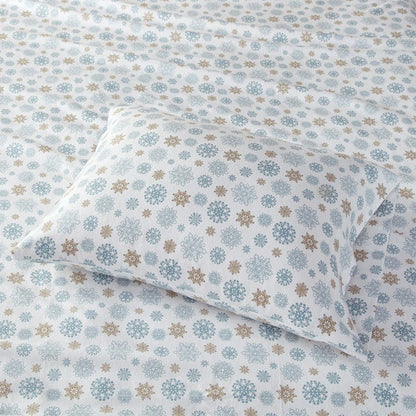 Sleep Philosophy Flannel 100% Cotton Flannel Sheet Set - Tan / Blue Snowflakes - Quahog Bay Bedding