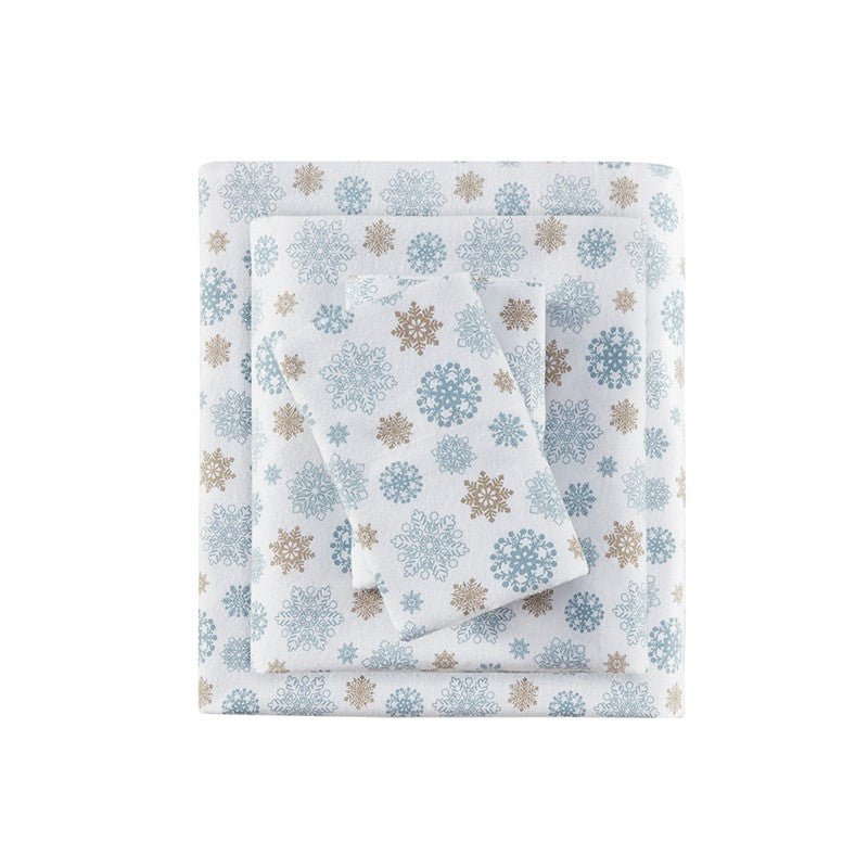 Sleep Philosophy Flannel 100% Cotton Flannel Sheet Set - Tan / Blue Snowflakes - Quahog Bay Bedding
