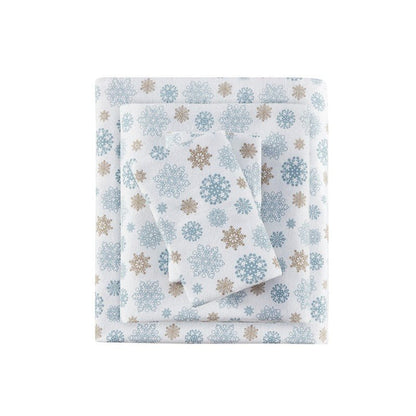 Sleep Philosophy Flannel 100% Cotton Flannel Sheet Set - Tan / Blue Snowflakes - Quahog Bay Bedding