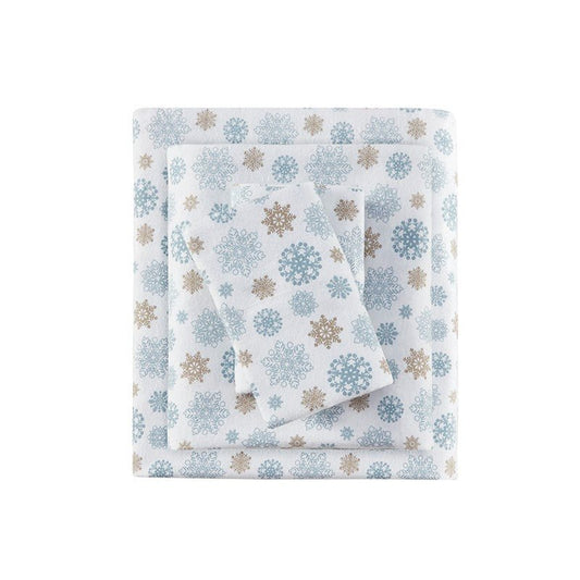 Sleep Philosophy Flannel 100% Cotton Flannel Sheet Set - Tan / Blue Snowflakes - Quahog Bay Bedding