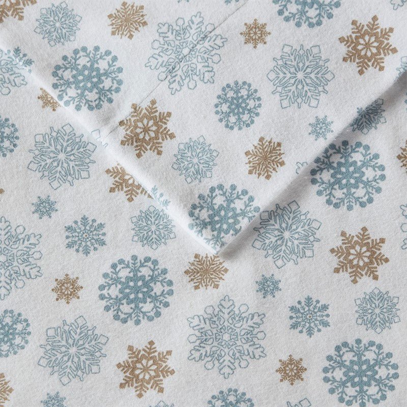 Sleep Philosophy Flannel 100% Cotton Flannel Sheet Set - Tan / Blue Snowflakes - Quahog Bay Bedding