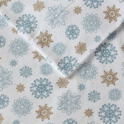 Sleep Philosophy Flannel 100% Cotton Flannel Sheet Set - Tan / Blue Snowflakes - Quahog Bay Bedding