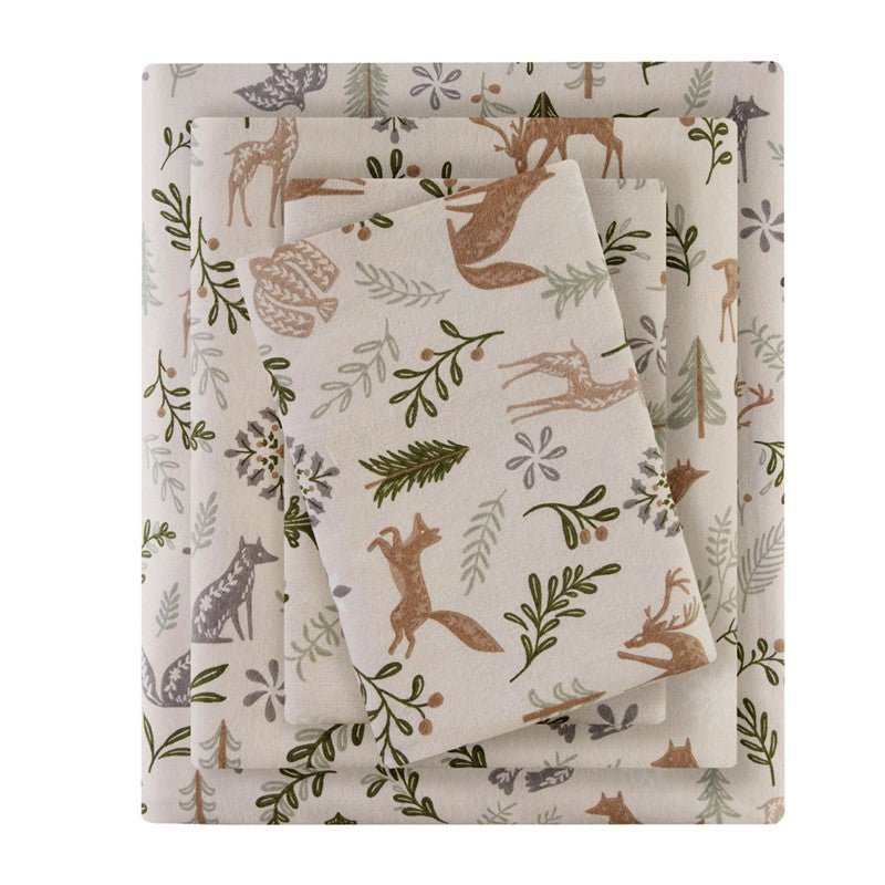 Sleep Philosophy Flannel 100% Cotton Flannel Sheet Set - Tan Woodland Winter - Quahog Bay Bedding