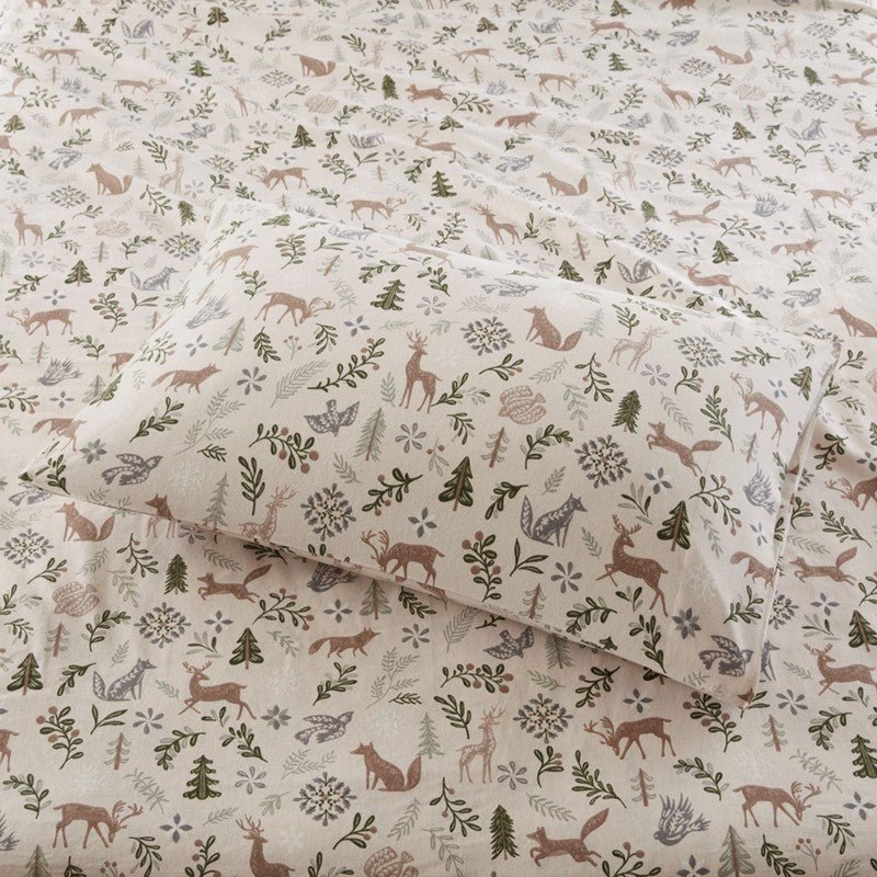 Sleep Philosophy Flannel 100% Cotton Flannel Sheet Set - Tan Woodland Winter - Quahog Bay Bedding