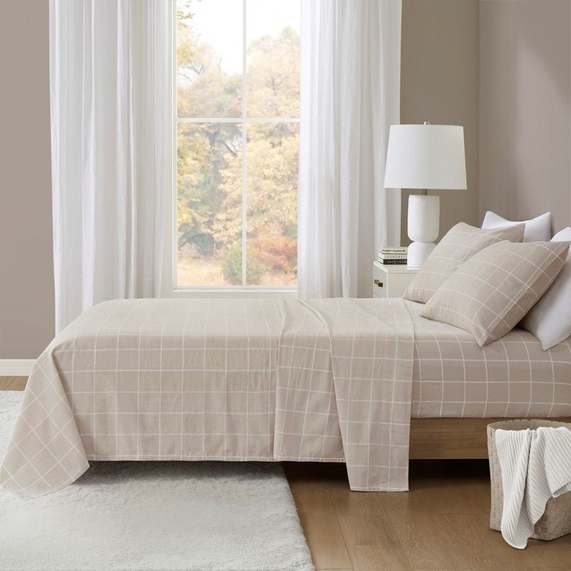 Sleep Philosophy Flannel Sheet Set – Beige Windowpane | 100% Cotton - Quahog Bay Bedding