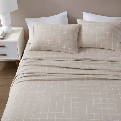 Sleep Philosophy Flannel Sheet Set – Beige Windowpane | 100% Cotton - Quahog Bay Bedding