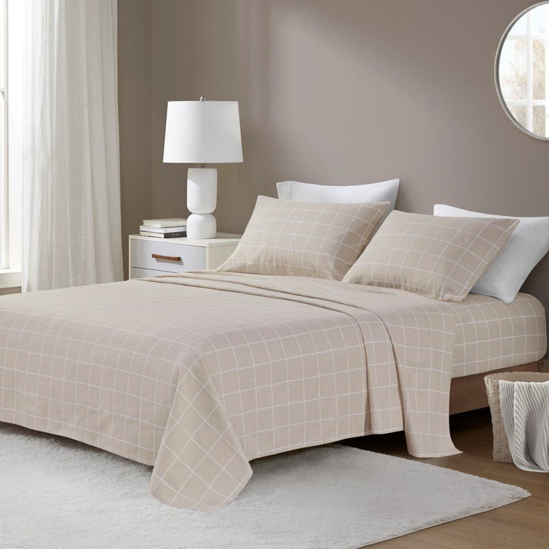 Sleep Philosophy Flannel Sheet Set – Beige Windowpane | 100% Cotton - Quahog Bay Bedding