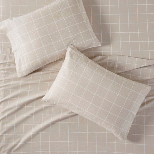 Sleep Philosophy Flannel Sheet Set – Beige Windowpane | 100% Cotton - Quahog Bay Bedding