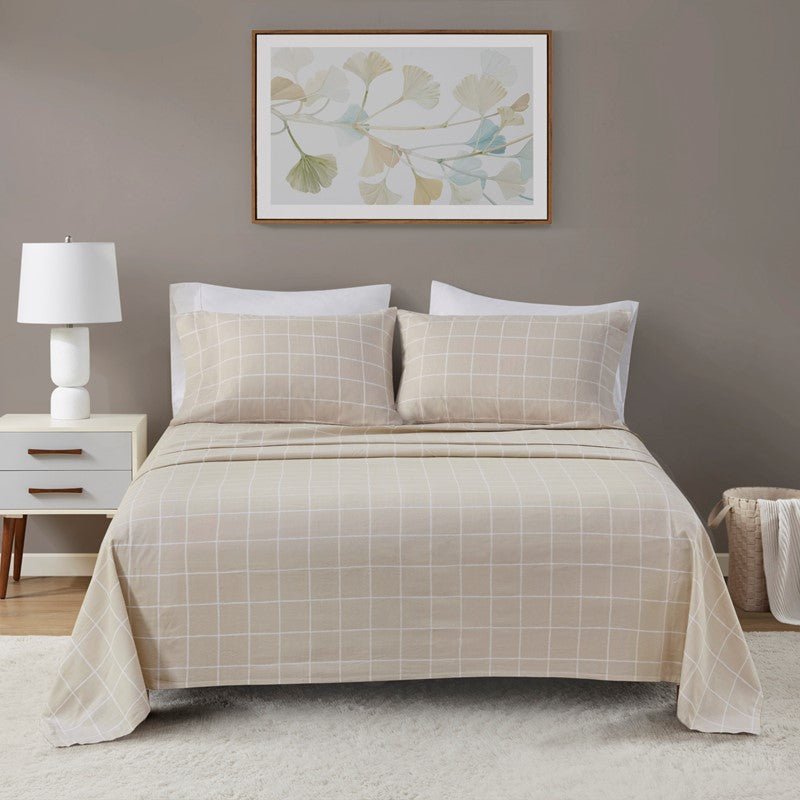 Sleep Philosophy Flannel Sheet Set – Beige Windowpane | 100% Cotton - Quahog Bay Bedding