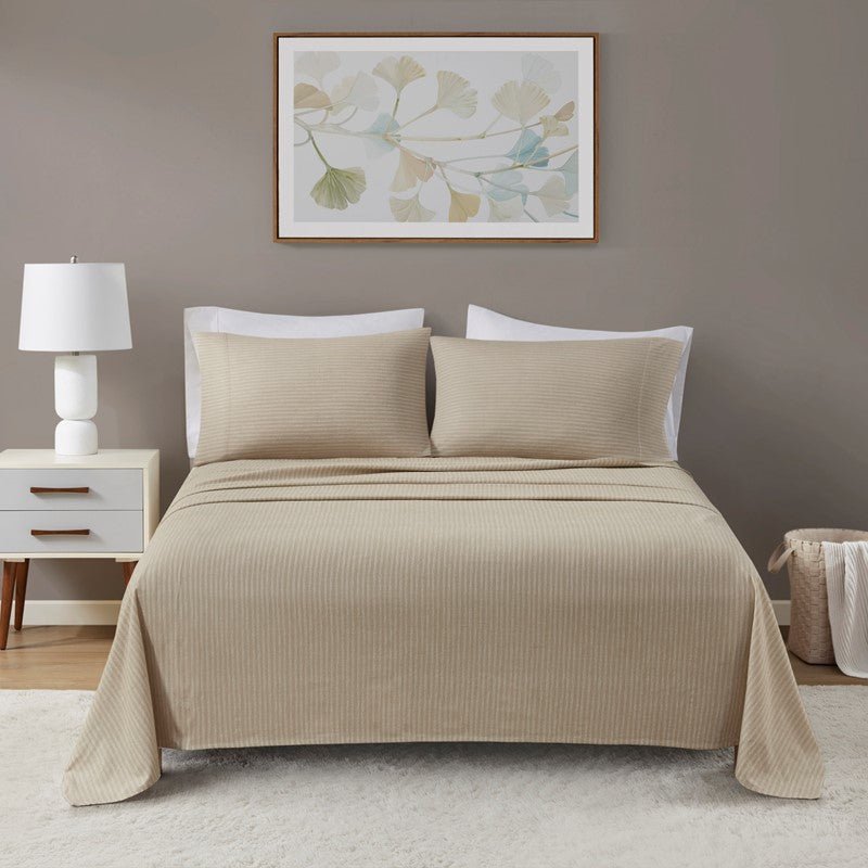Sleep Philosophy Flannel Sheet Set – Beige/White Stripes | 100% Cotton - Quahog Bay Bedding