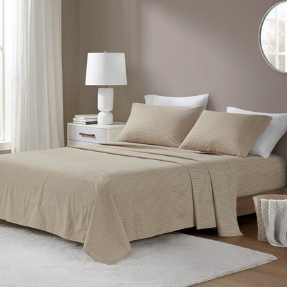 Sleep Philosophy Flannel Sheet Set – Beige/White Stripes | 100% Cotton - Quahog Bay Bedding