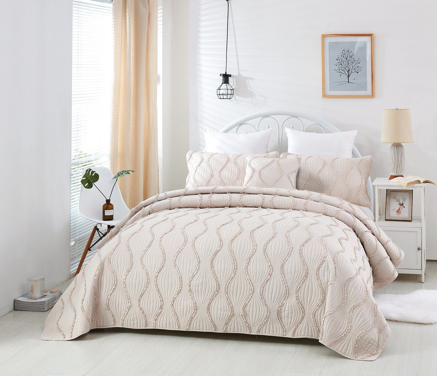Country Ruffles Quilted Cotton Bedspread Set - Ivory & Cream - Quahog Bay Bedding