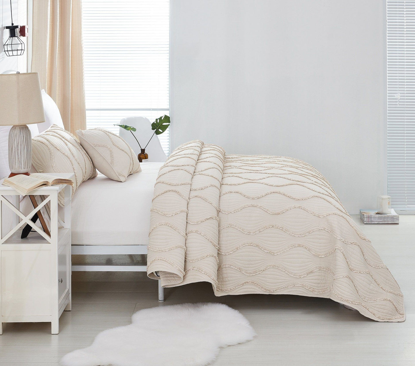 Country Ruffles Quilted Cotton Bedspread Set - Ivory & Cream - Quahog Bay Bedding