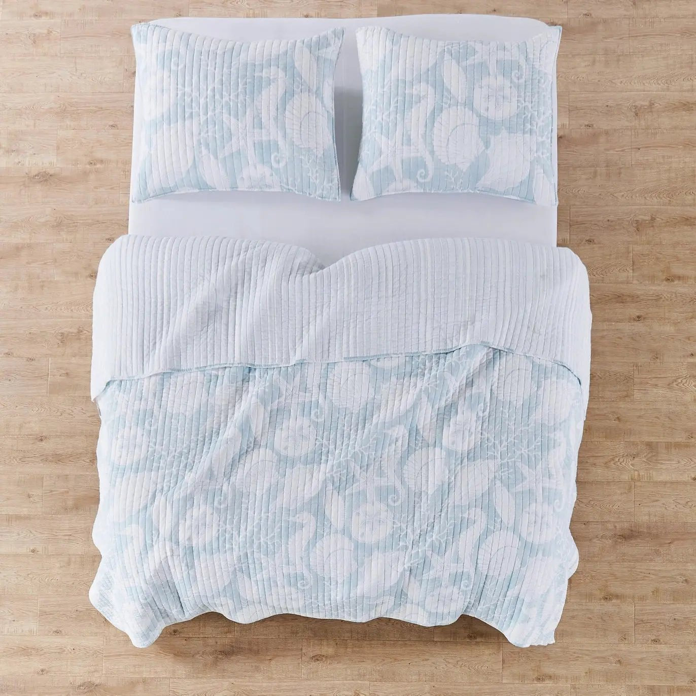 Stillwater Blue Quilt Set - French Blue Coastal Quilt With Seashells - Quahog Bay Bedding