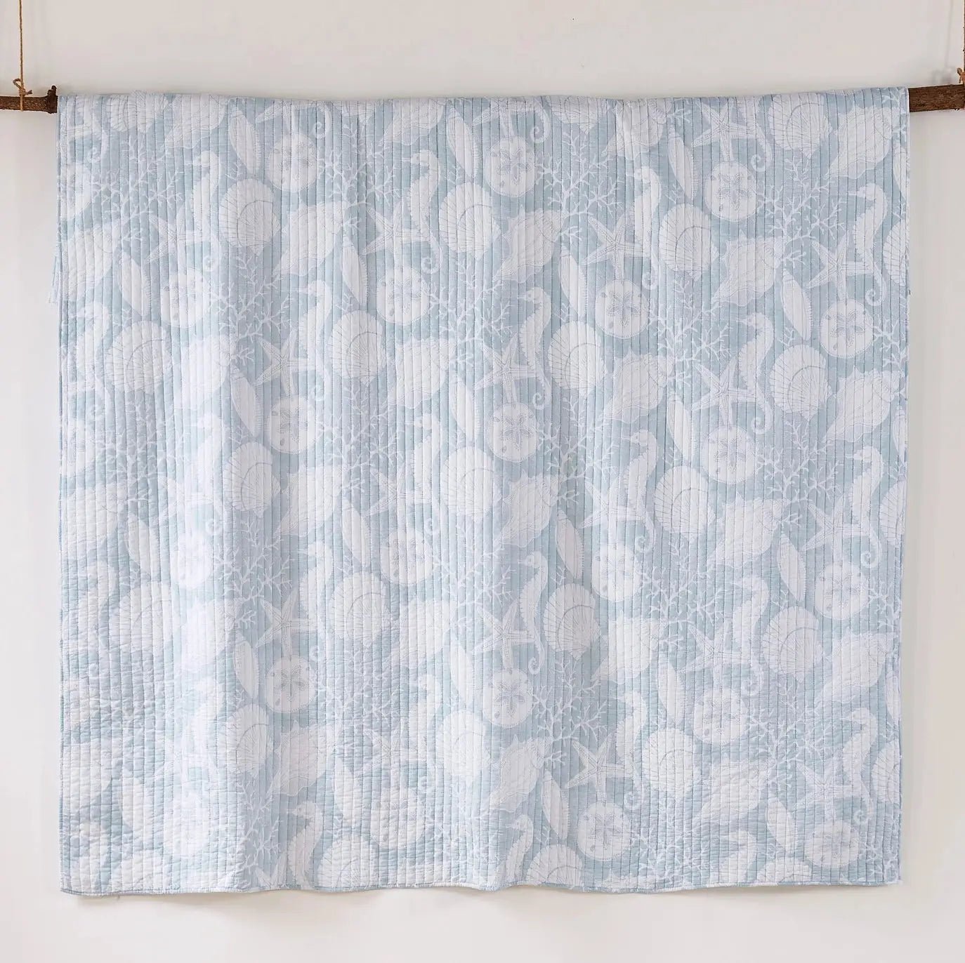 Stillwater Blue Quilt Set - French Blue Coastal Quilt With Seashells - Quahog Bay Bedding