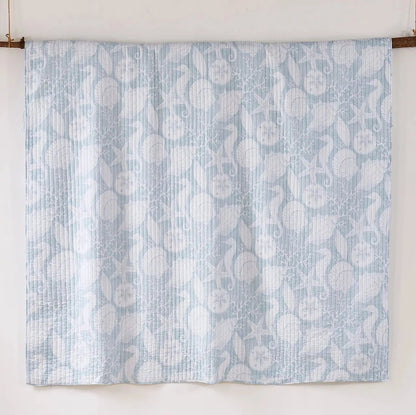 Stillwater Blue Quilt Set - French Blue Coastal Quilt With Seashells - Quahog Bay Bedding
