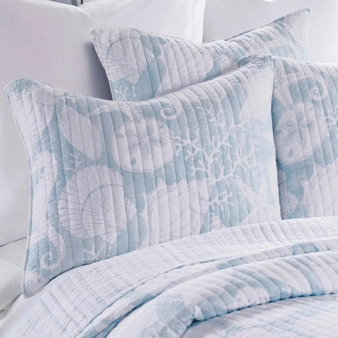 Stillwater Blue Quilt Set - French Blue Coastal Quilt With Seashells - Quahog Bay Bedding