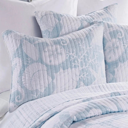 Stillwater Blue Quilt Set - French Blue Coastal Quilt With Seashells - Quahog Bay Bedding