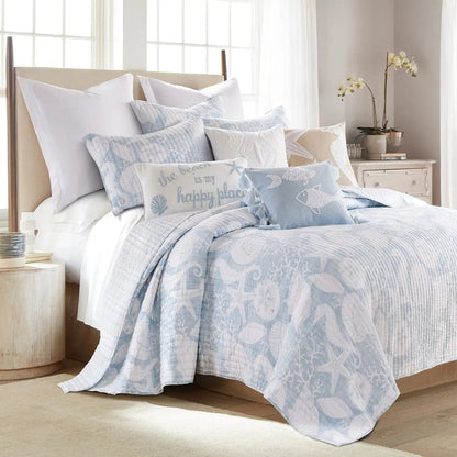 Stillwater Blue Quilt Set - French Blue Coastal Quilt With Seashells - Quahog Bay Bedding