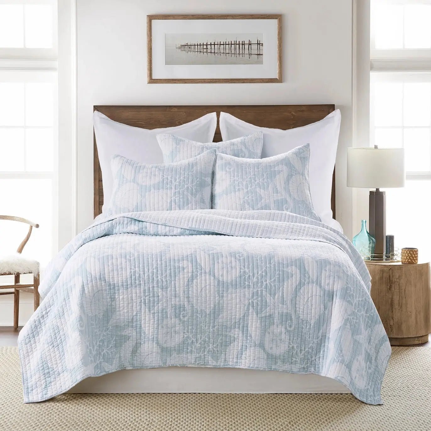 Stillwater Blue Quilt Set - French Blue Coastal Quilt With Seashells - Quahog Bay Bedding