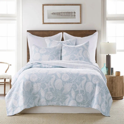 Stillwater Blue Quilt Set - French Blue Coastal Quilt With Seashells - Quahog Bay Bedding