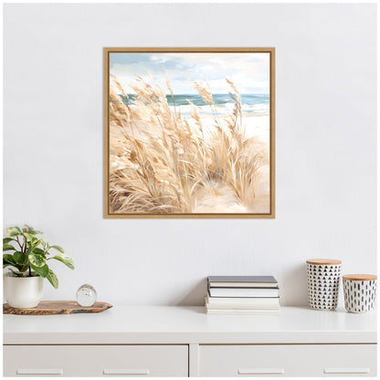 Sylvie Beige Beach Grass Near Tranquil Beach Framed Canvas by The Creative Bunch Studio - Quahog Bay Bedding