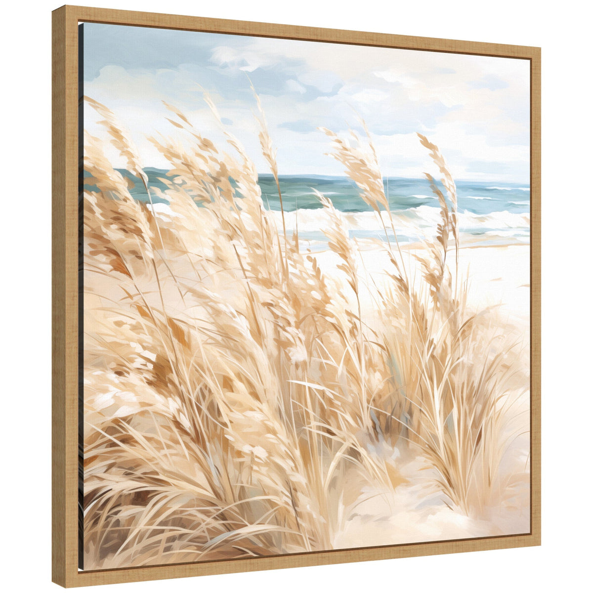 Sylvie Beige Beach Grass Near Tranquil Beach Framed Canvas by The Creative Bunch Studio - Quahog Bay Bedding