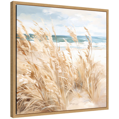 Sylvie Beige Beach Grass Near Tranquil Beach Framed Canvas by The Creative Bunch Studio - Quahog Bay Bedding