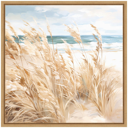 Sylvie Beige Beach Grass Near Tranquil Beach Framed Canvas by The Creative Bunch Studio - Quahog Bay Bedding
