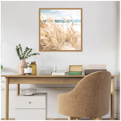 Sylvie Beige Beach Grass Near Tranquil Beach Framed Canvas by The Creative Bunch Studio - Quahog Bay Bedding