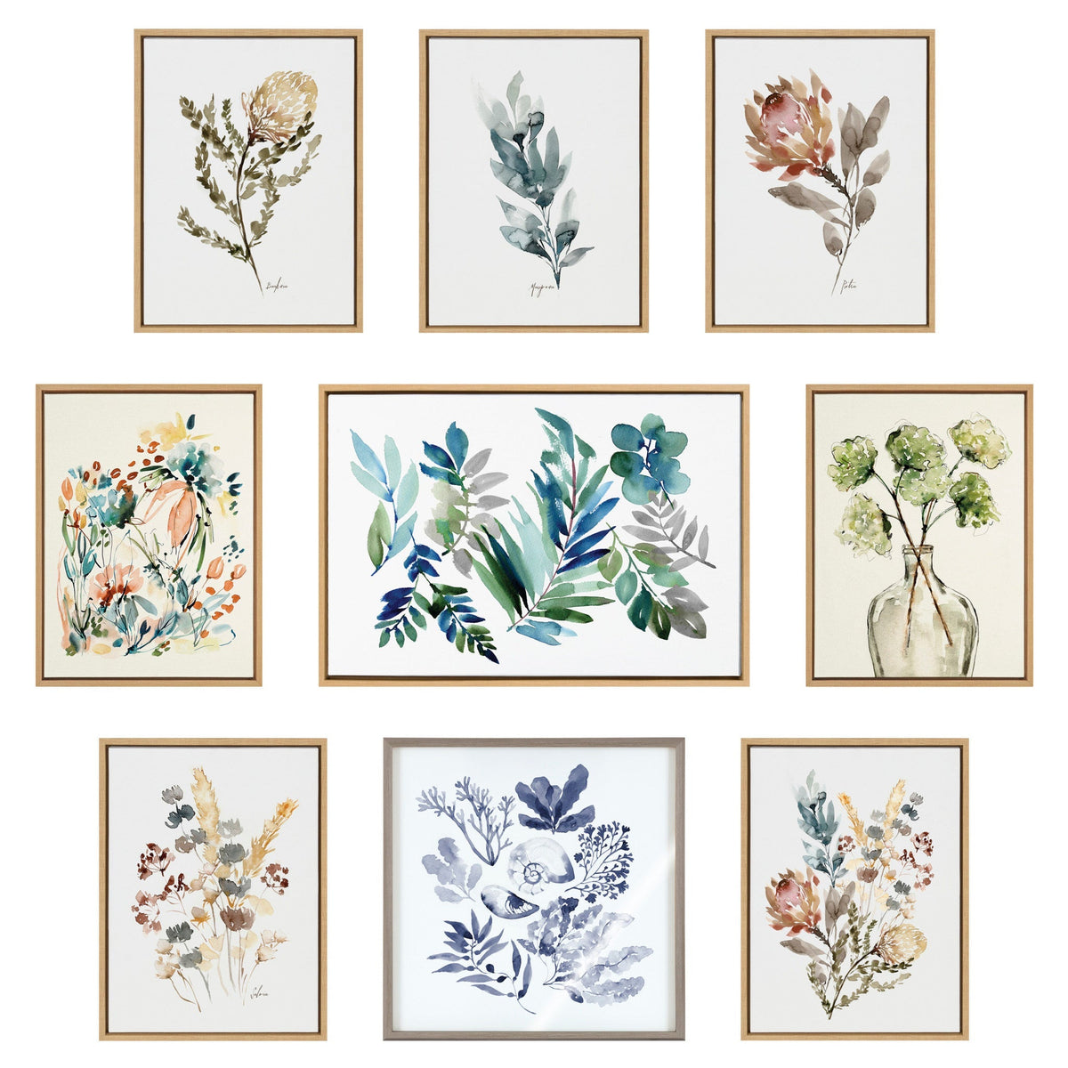 Sylvie Botanical Split Fern Indigo and Botanical Maiden Indigo Framed Canvas by Sara Berrenson - Quahog Bay Bedding