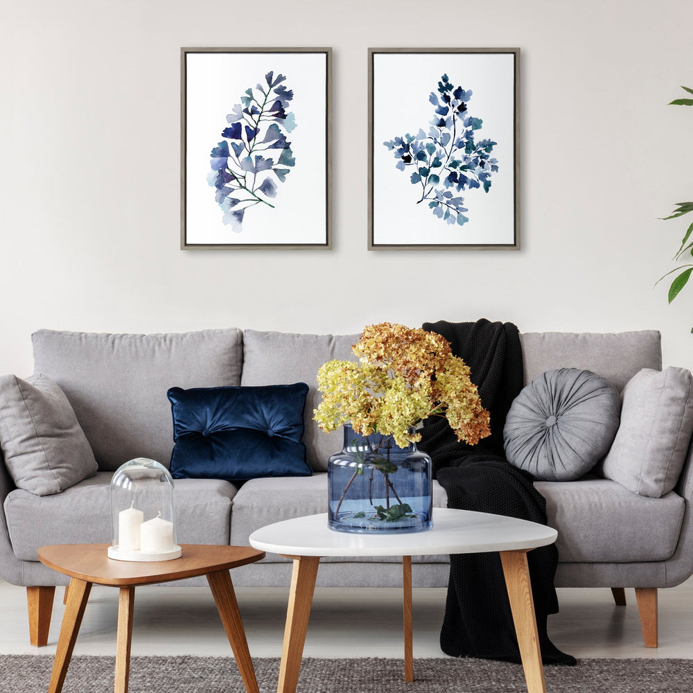 Sylvie Botanical Split Fern Indigo and Botanical Maiden Indigo Framed Canvas by Sara Berrenson - Quahog Bay Bedding