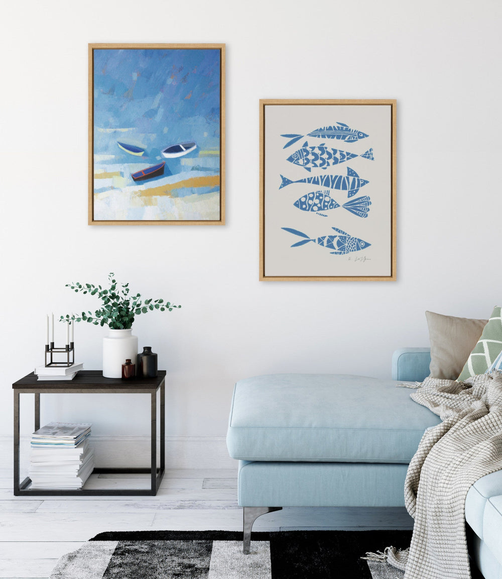 Sylvie Golden Dunes and Fishes Blue on Beige Framed Canvas Art Set by Giuliana Lazzerini - Quahog Bay Bedding