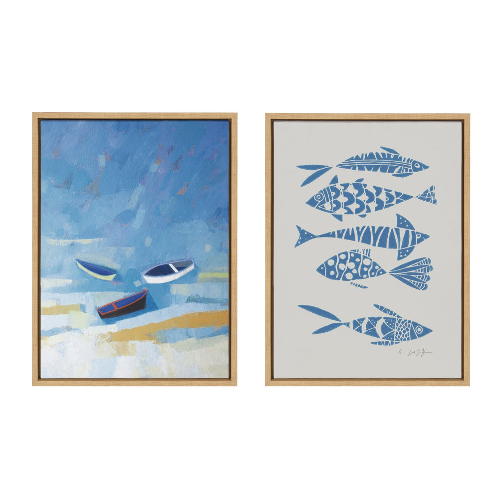 Sylvie Golden Dunes and Fishes Blue on Beige Framed Canvas Art Set by Giuliana Lazzerini - Quahog Bay Bedding